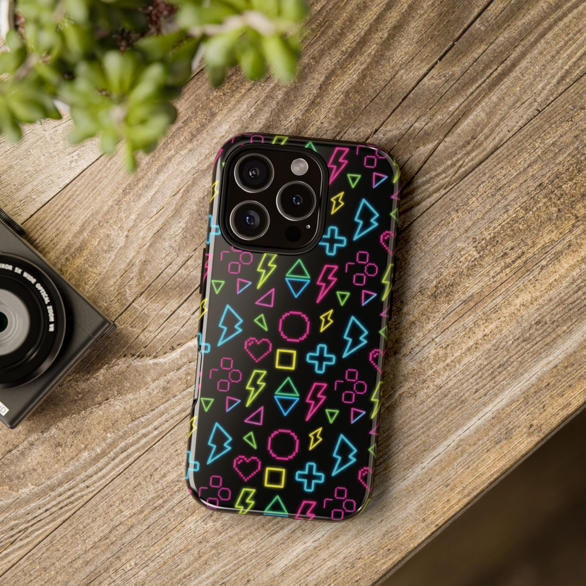 Electric Savior" Retro 90s Christian Phone Case | Neon Synthwave Pixel Art, Lightning Cross & Geometric Design, Bold Faith Gift