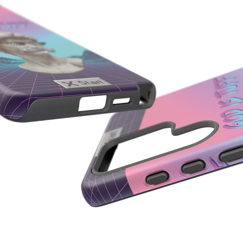 God is Tuff" Vaporwave Christian Phone Case | Aesthetic Statue with Pixel Shades, Retro 80s 90s Synthwave Grid, Gen Z Faith Gift