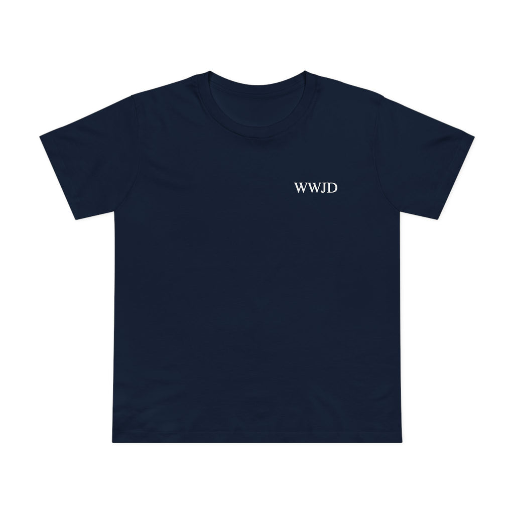 WWJD chest print T-Shirt | 1 John 2:6 scripture back