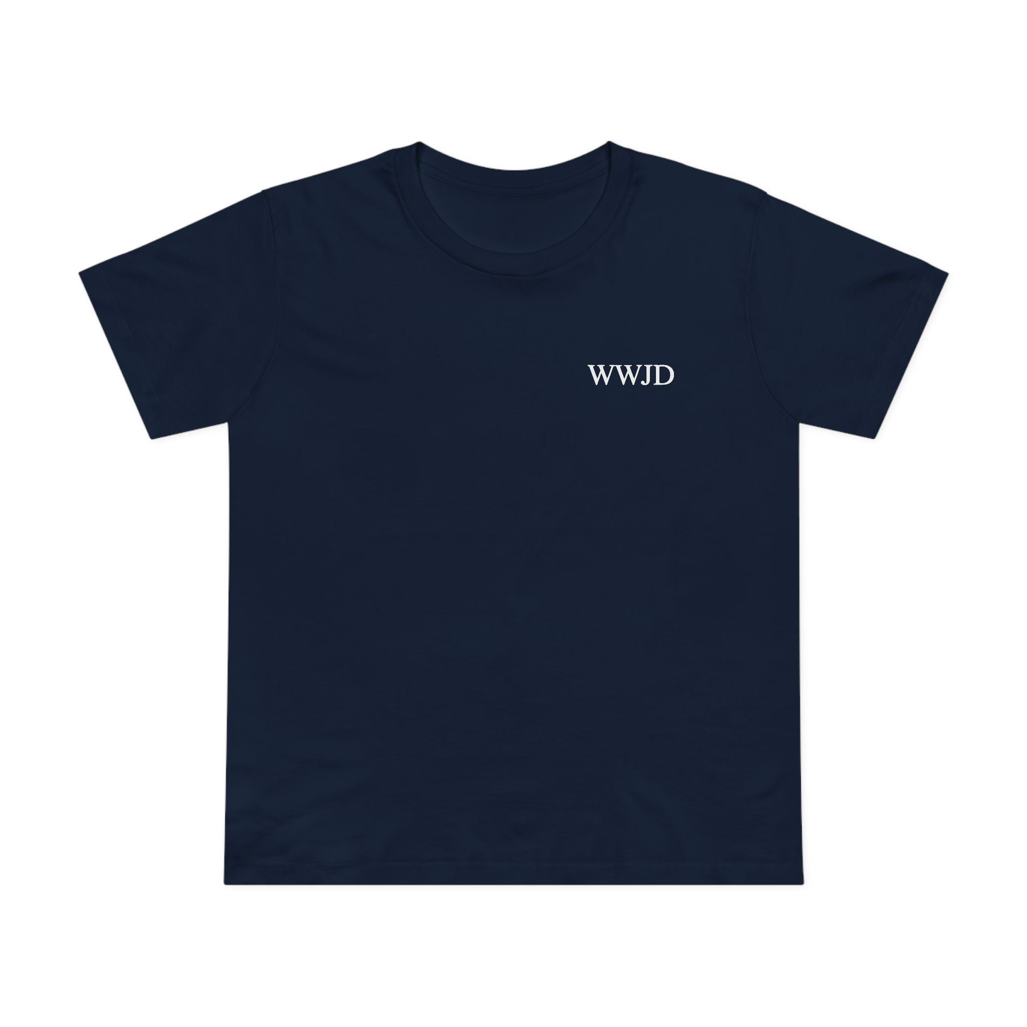 WWJD chest print T-Shirt | 1 John 2:6 scripture back