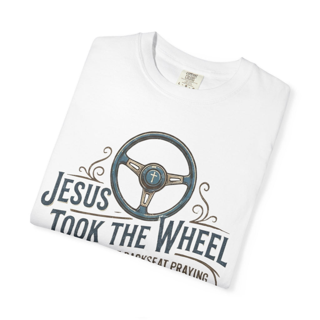 Jesus Took the Wheel steering wheel and vintage truck T-shirt | Christian faith shirt