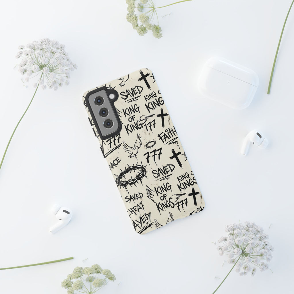 Christian Graffiti Phone Case | "Saved" & "King of Kings" Doodle Art, Urban Streetwear Faith Cover, Modern Religious Sketch Design