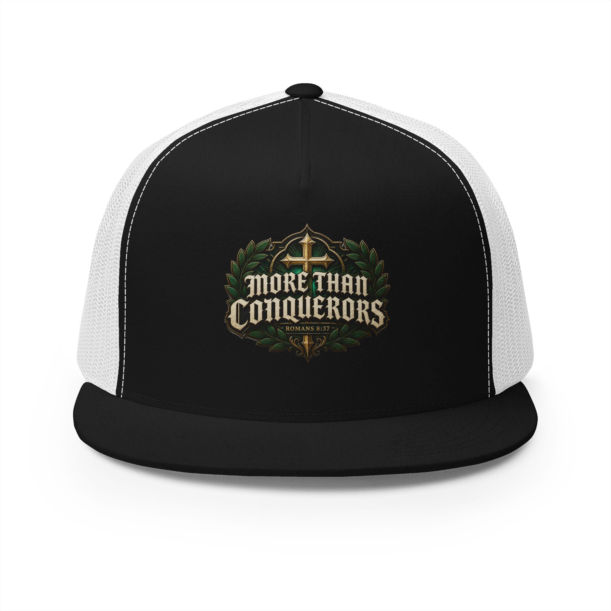 MORE THAN CONQUERORS Printed Christian 5-Panel Trucker Cap