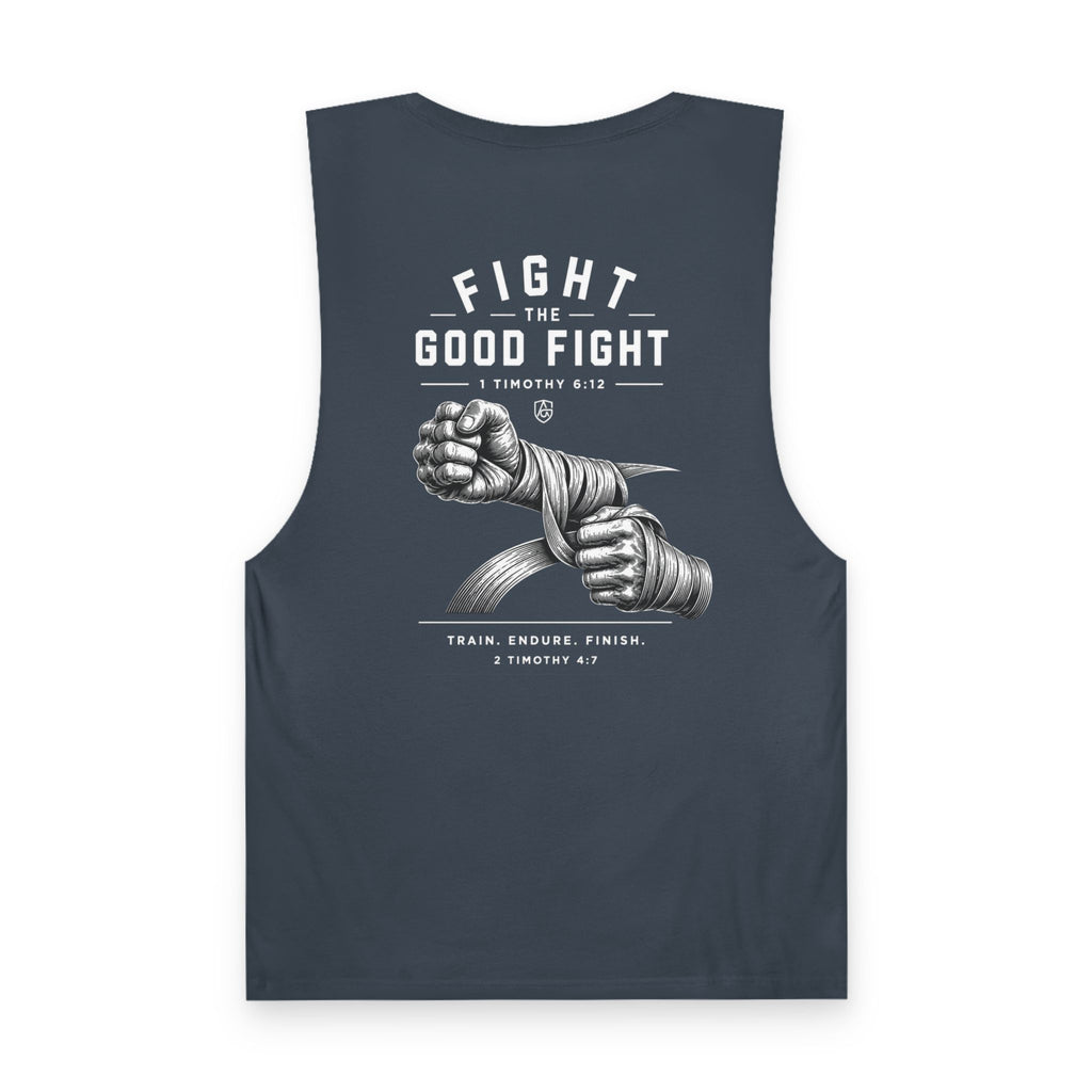 Good Fight Training Club Tank, Christian Gym Tank, 1 Timothy 6:12 Shirt, Faith Workout Shirt, Bible Verse Muscle Tank, Mens Activewear