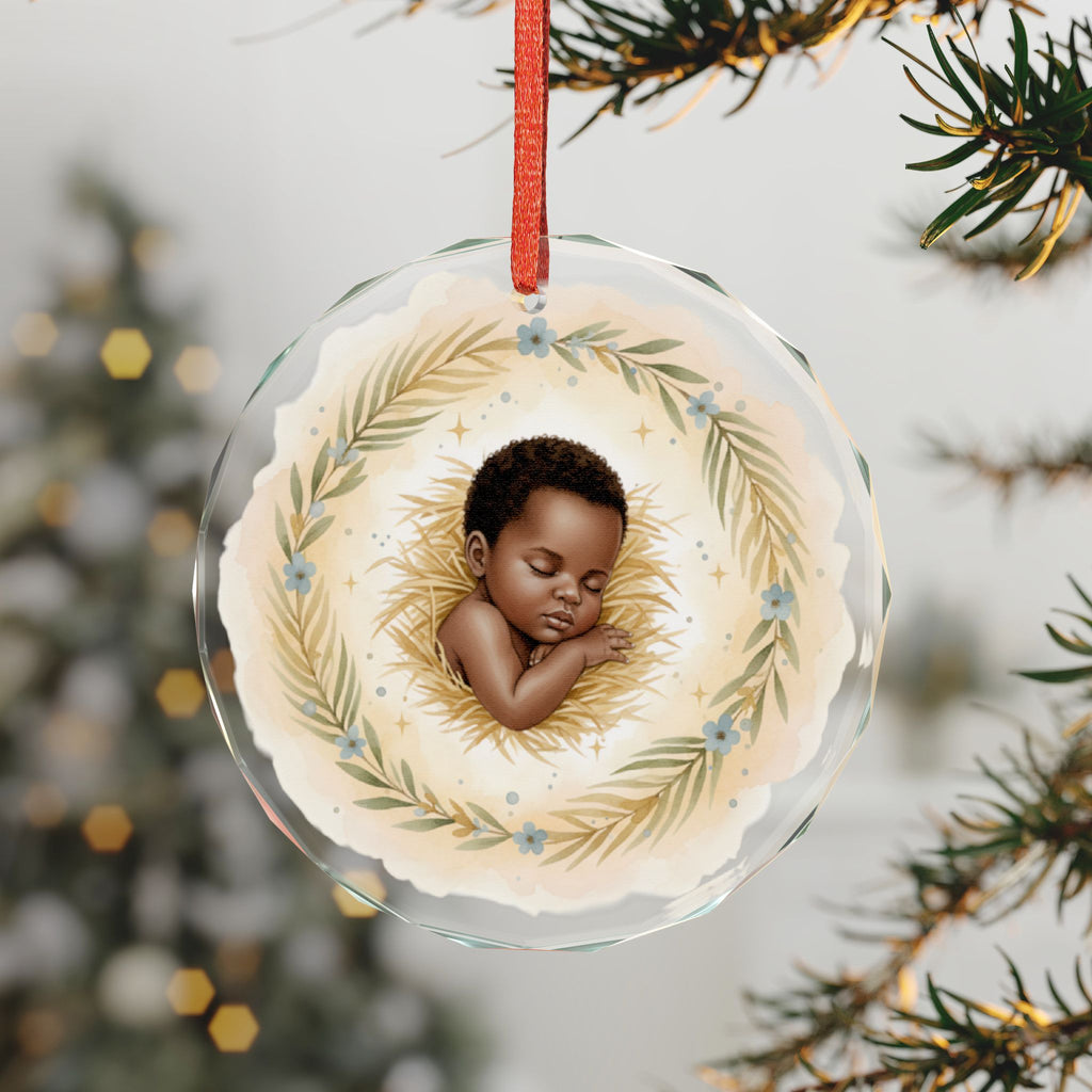 African American Baby Jesus Ornament, Sleeping Baby in Manger, Crystal Glass Nativity Ornament, Christian Christmas Keepsake