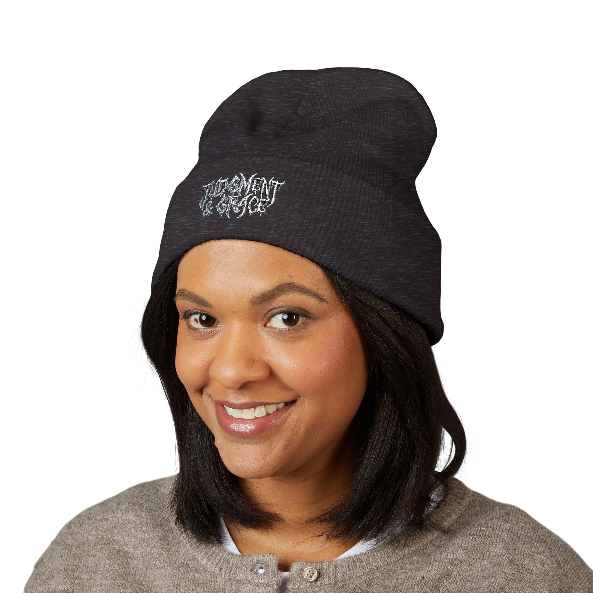 Judgement & Grace Beanie, Embroidered Black Cuffed Knit Hat, Gothic Christian Streetwear, Winter Faith Hat, Minimal Religious Gift