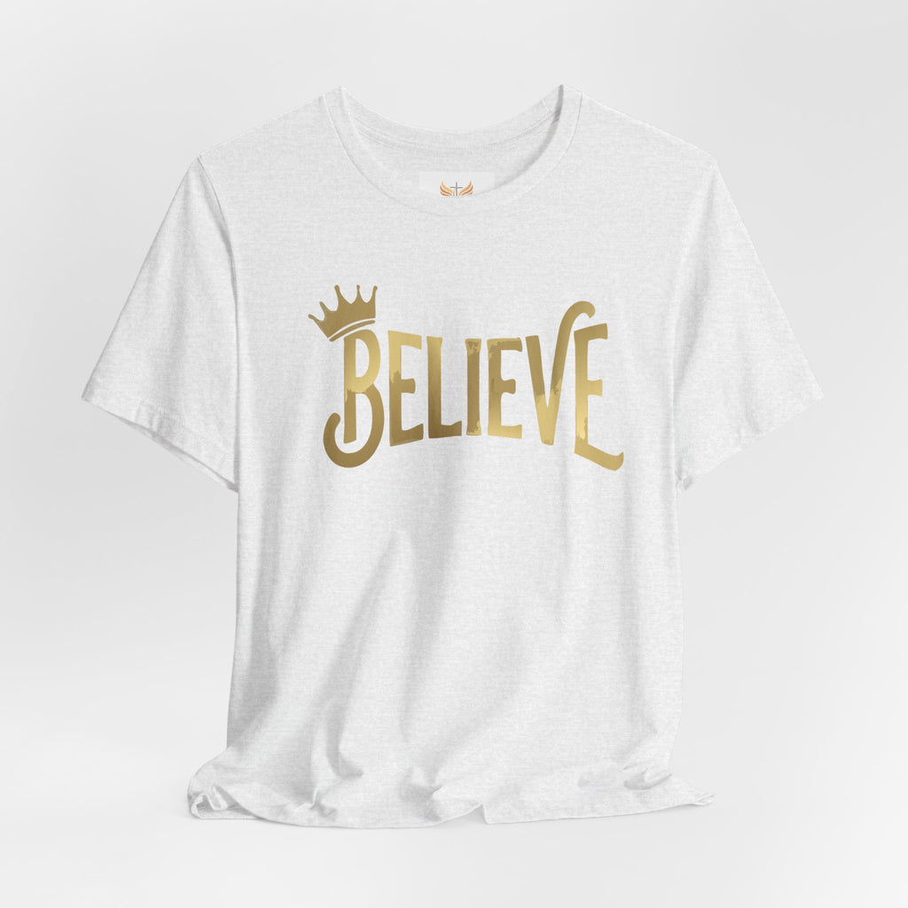 Believe Crown Christian Shirt with hand lettered BELIEVE and a small crown. A soft unisex jersey tee that keeps faith simple, modern, and wearable. Perfect as an encouragement gift or an everyday reminder to keep trusting God.