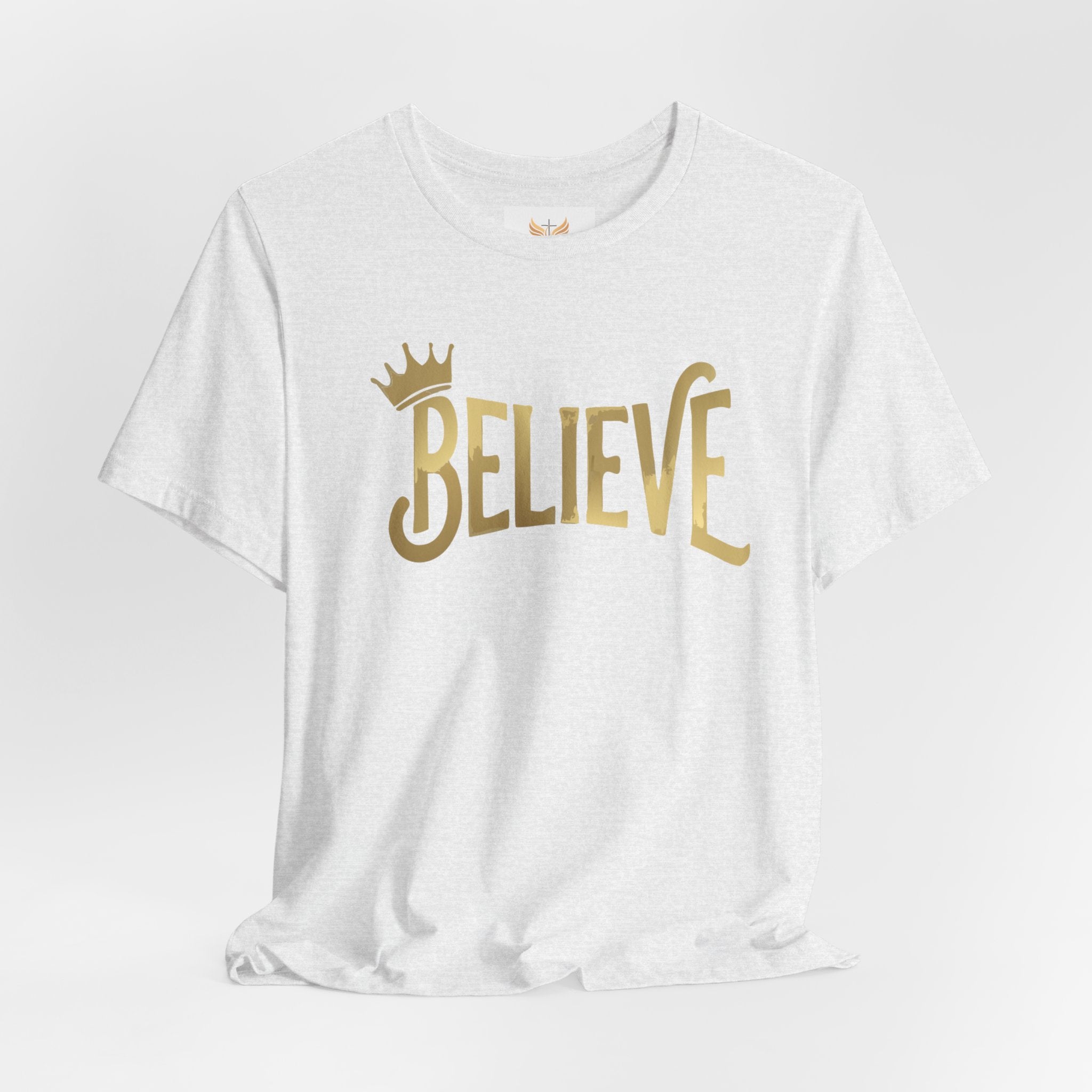 Believe Crown Christian Shirt with hand lettered BELIEVE and a small crown. A soft unisex jersey tee that keeps faith simple, modern, and wearable. Perfect as an encouragement gift or an everyday reminder to keep trusting God.