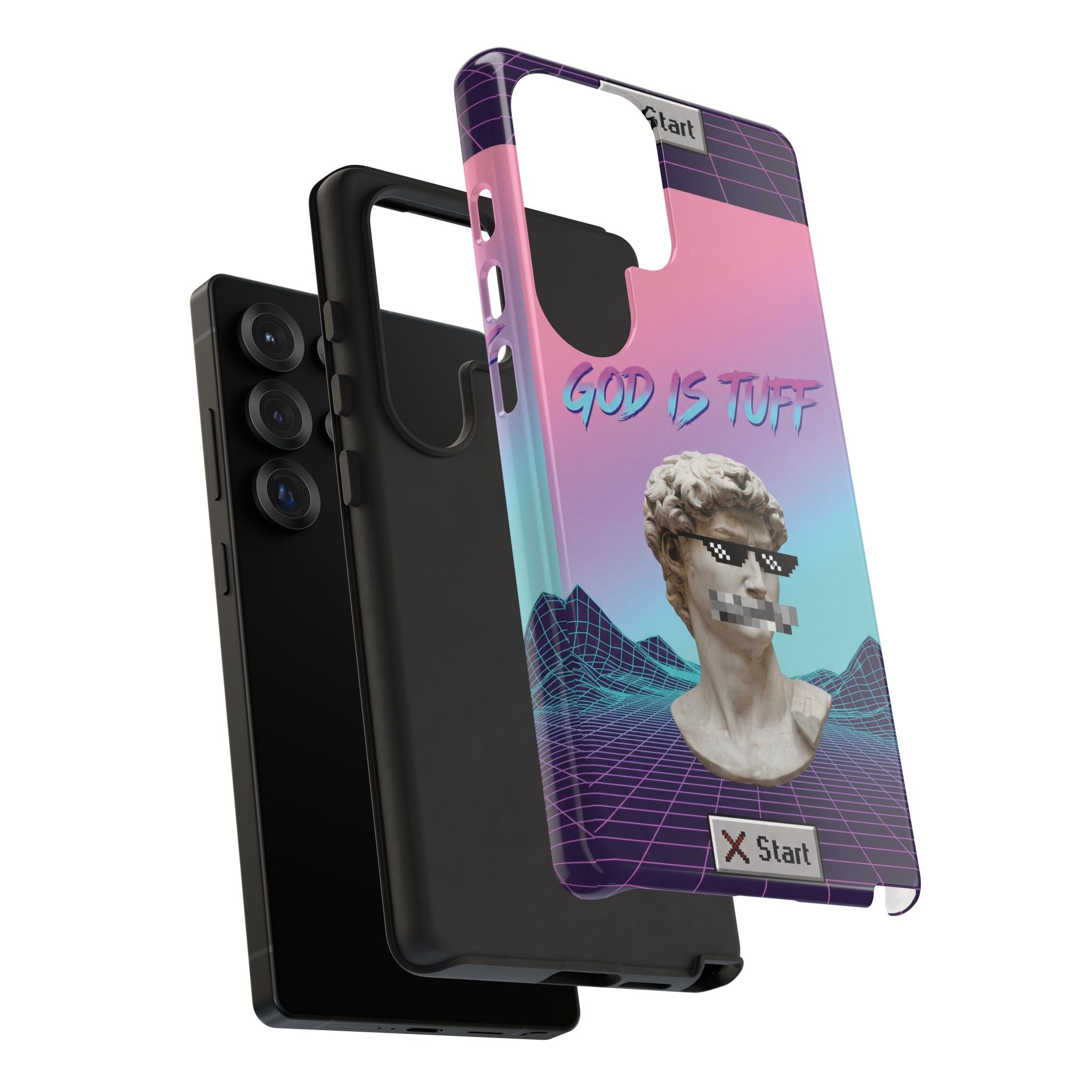 God is Tuff" Vaporwave Christian Phone Case | Aesthetic Statue with Pixel Shades, Retro 80s 90s Synthwave Grid, Gen Z Faith Gift