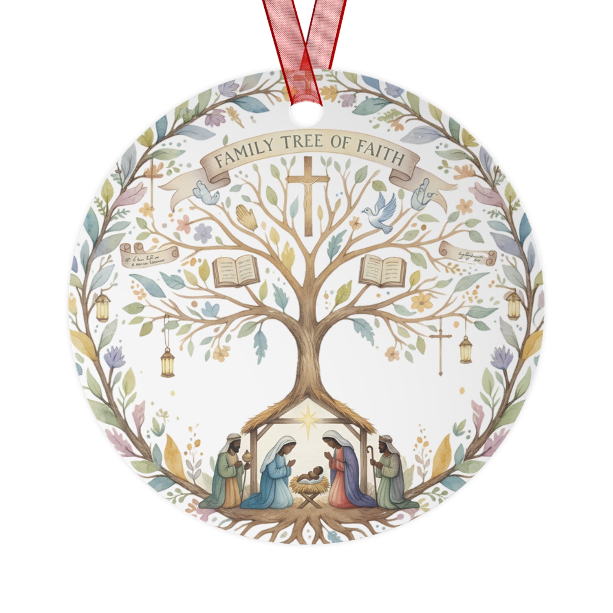 Family Tree of Faith Metal Ornament Nativity Ornament Christian Christmas Decor Double-Sided Aluminum Keepsake Religious Gift
