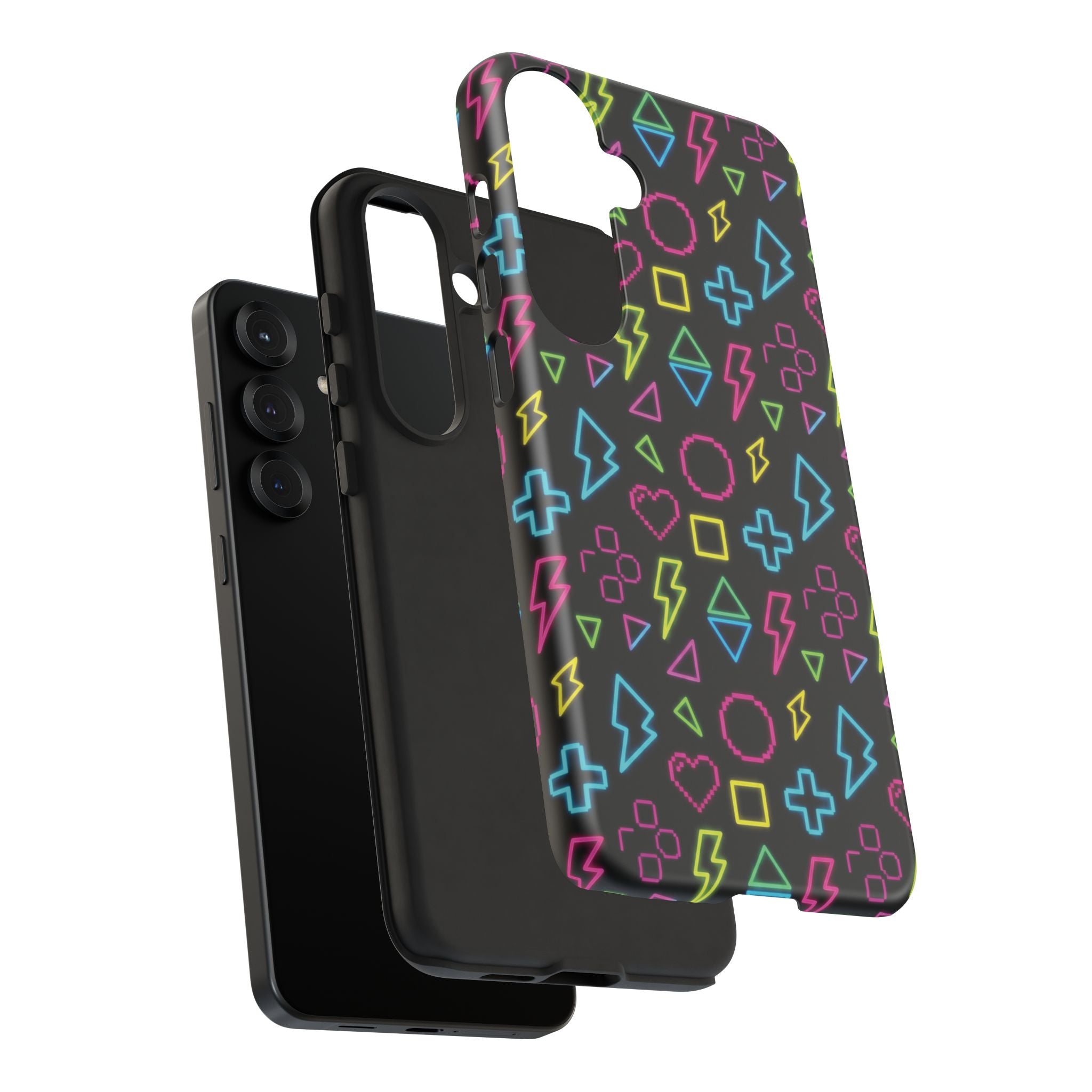 Electric Savior" Retro 90s Christian Phone Case | Neon Synthwave Pixel Art, Lightning Cross & Geometric Design, Bold Faith Gift