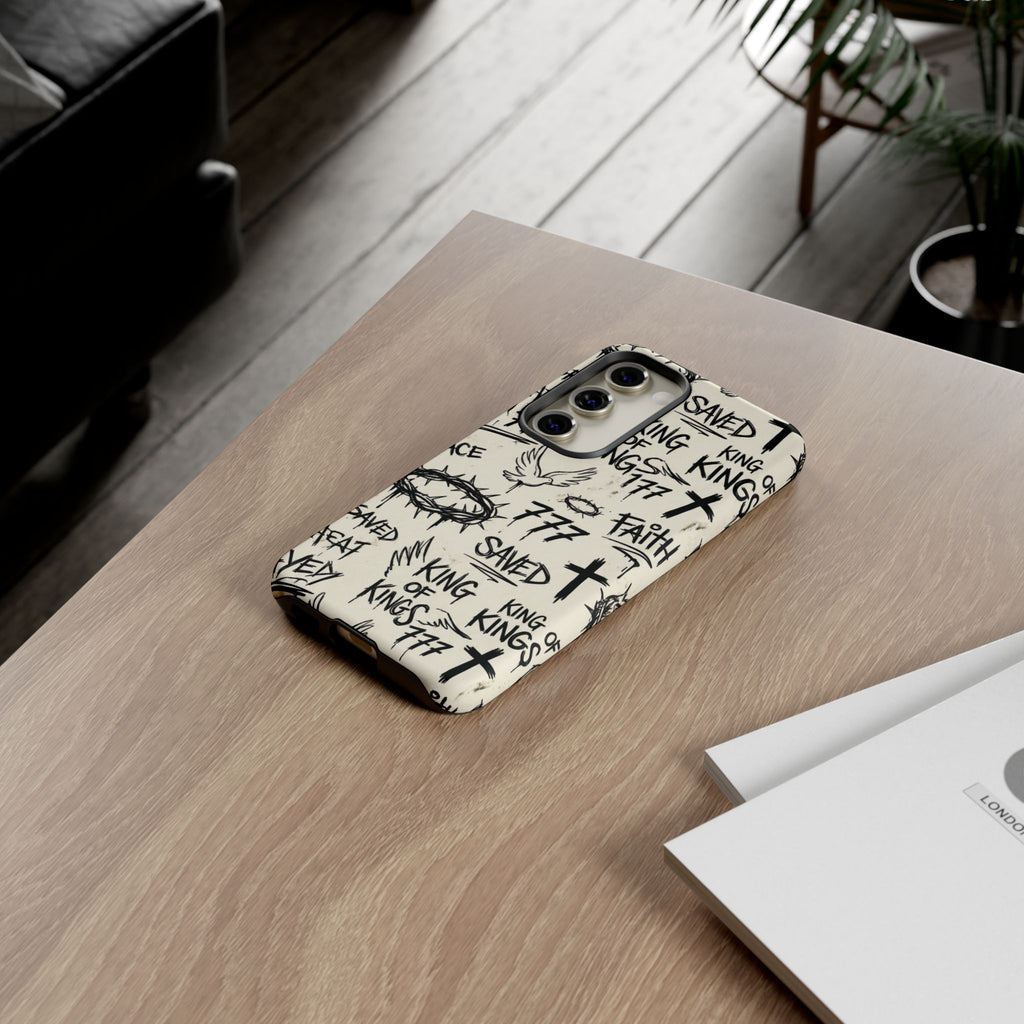 Christian Graffiti Phone Case | "Saved" & "King of Kings" Doodle Art, Urban Streetwear Faith Cover, Modern Religious Sketch Design