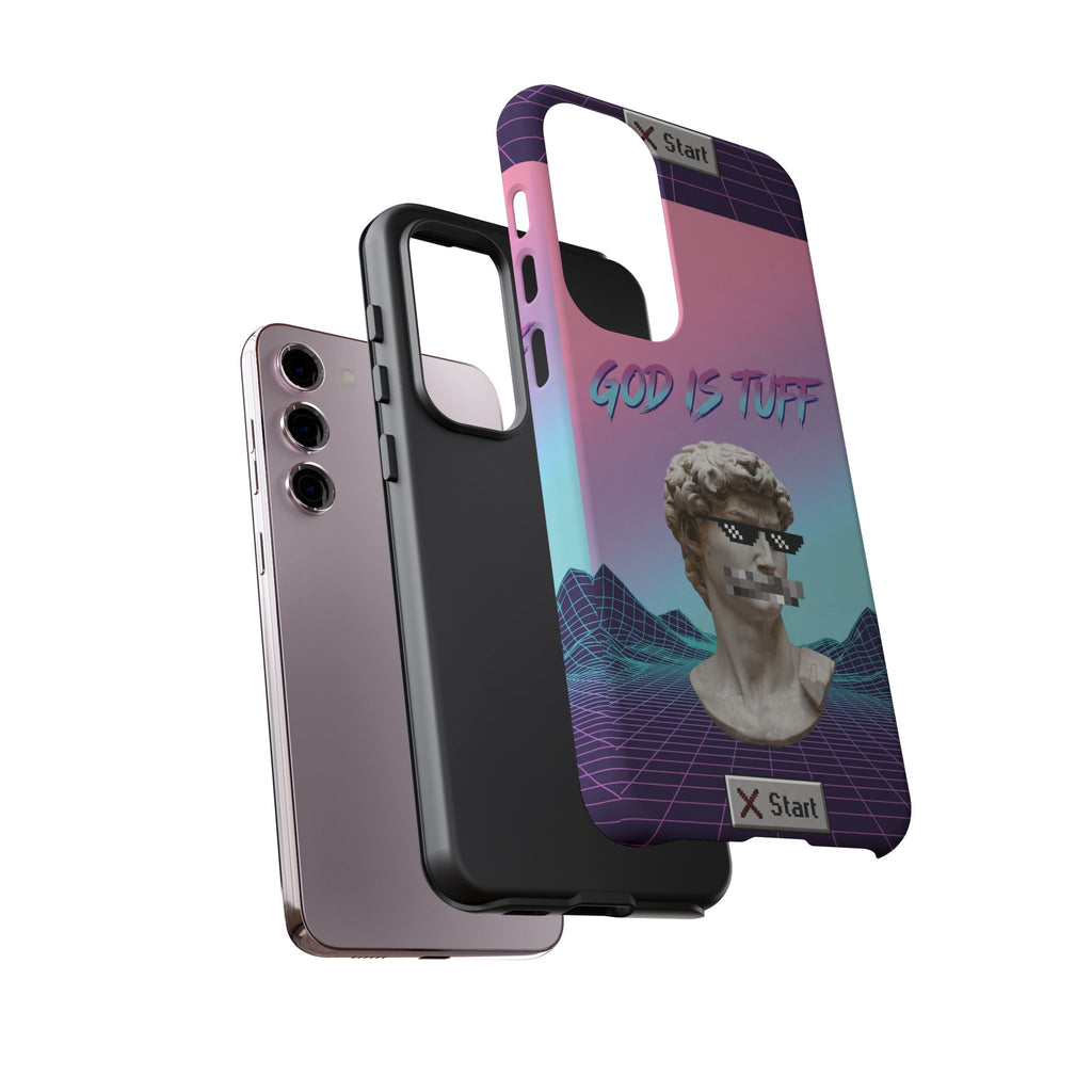 God is Tuff" Vaporwave Christian Phone Case | Aesthetic Statue with Pixel Shades, Retro 80s 90s Synthwave Grid, Gen Z Faith Gift