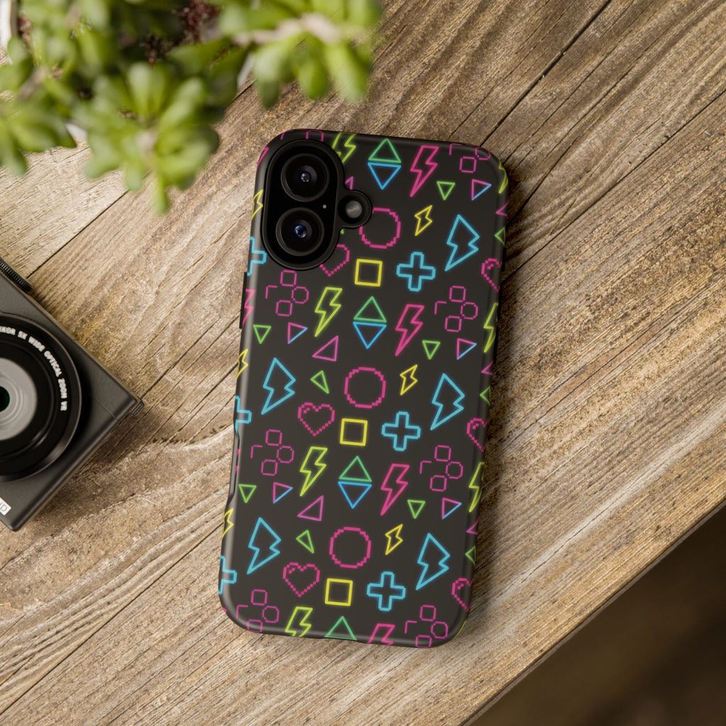 Electric Savior" Retro 90s Christian Phone Case | Neon Synthwave Pixel Art, Lightning Cross & Geometric Design, Bold Faith Gift