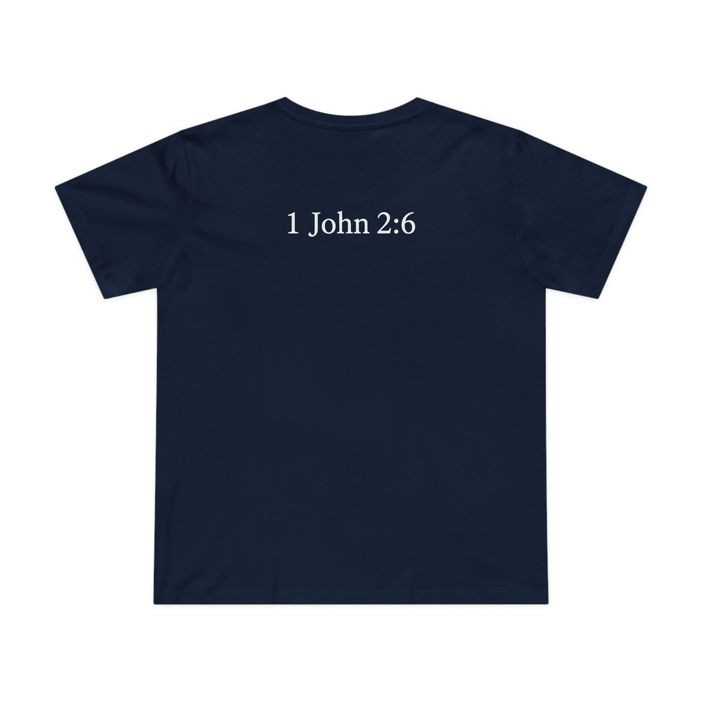 WWJD chest print T-Shirt | 1 John 2:6 scripture back