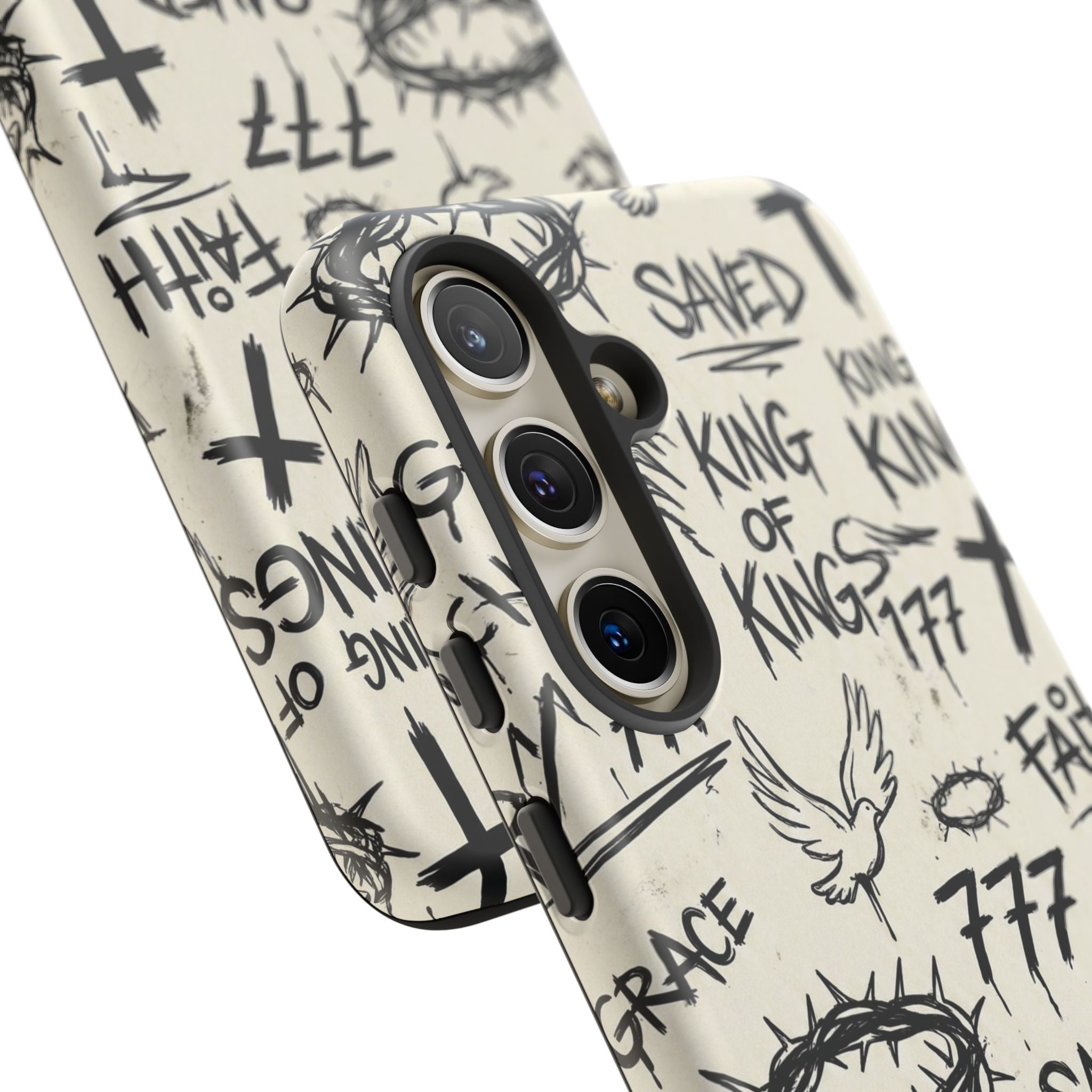 Christian Graffiti Phone Case | "Saved" & "King of Kings" Doodle Art, Urban Streetwear Faith Cover, Modern Religious Sketch Design