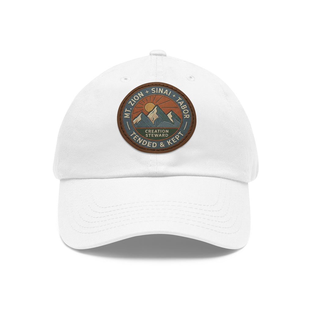 Leather Patch Dad Hat, Christian Mountain Cap, Genesis 2 15 Tended and Kept, Creation Care Outdoor Hat, Gift For Him
