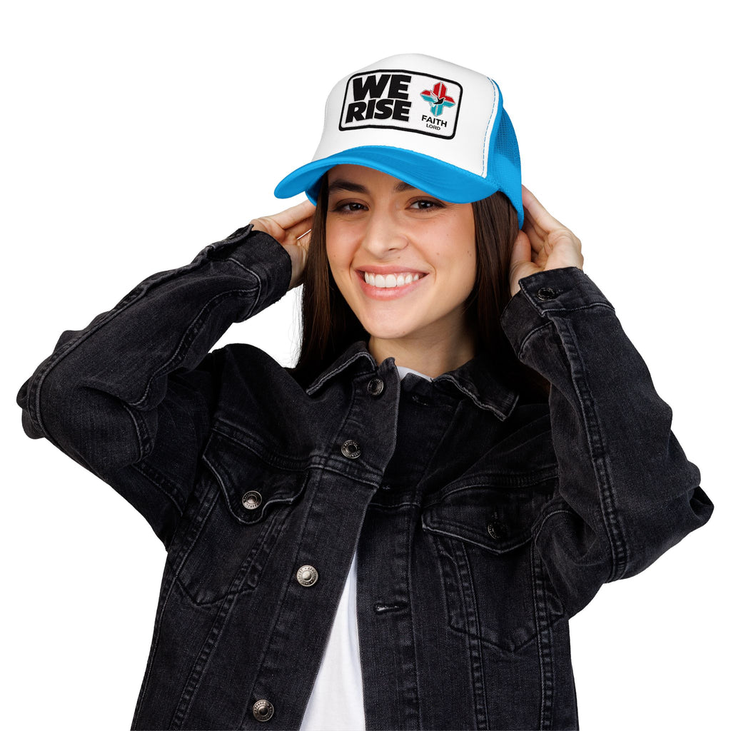 Christian Trucker Hat, We Rise Foam Hat, Retro Soccer Fan Cap, Faith Patch Hat, Stadium Style Christian Cap