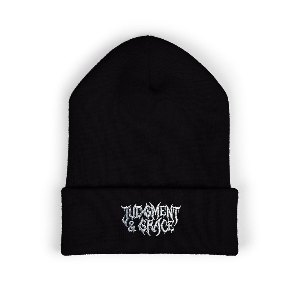 Judgement & Grace Beanie, Embroidered Black Cuffed Knit Hat, Gothic Christian Streetwear, Winter Faith Hat, Minimal Religious Gift