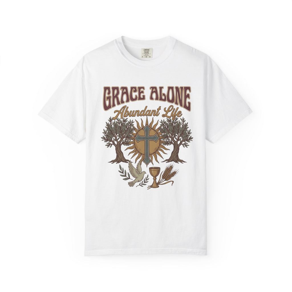 Grace Alone Abundant Life T-shirt | Christian cross, chalice, olive trees