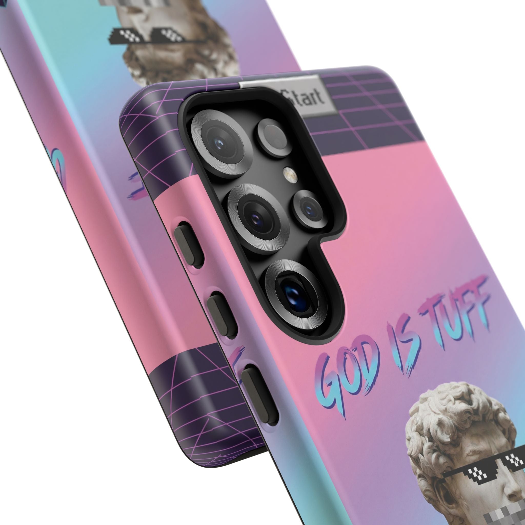 God is Tuff" Vaporwave Christian Phone Case | Aesthetic Statue with Pixel Shades, Retro 80s 90s Synthwave Grid, Gen Z Faith Gift