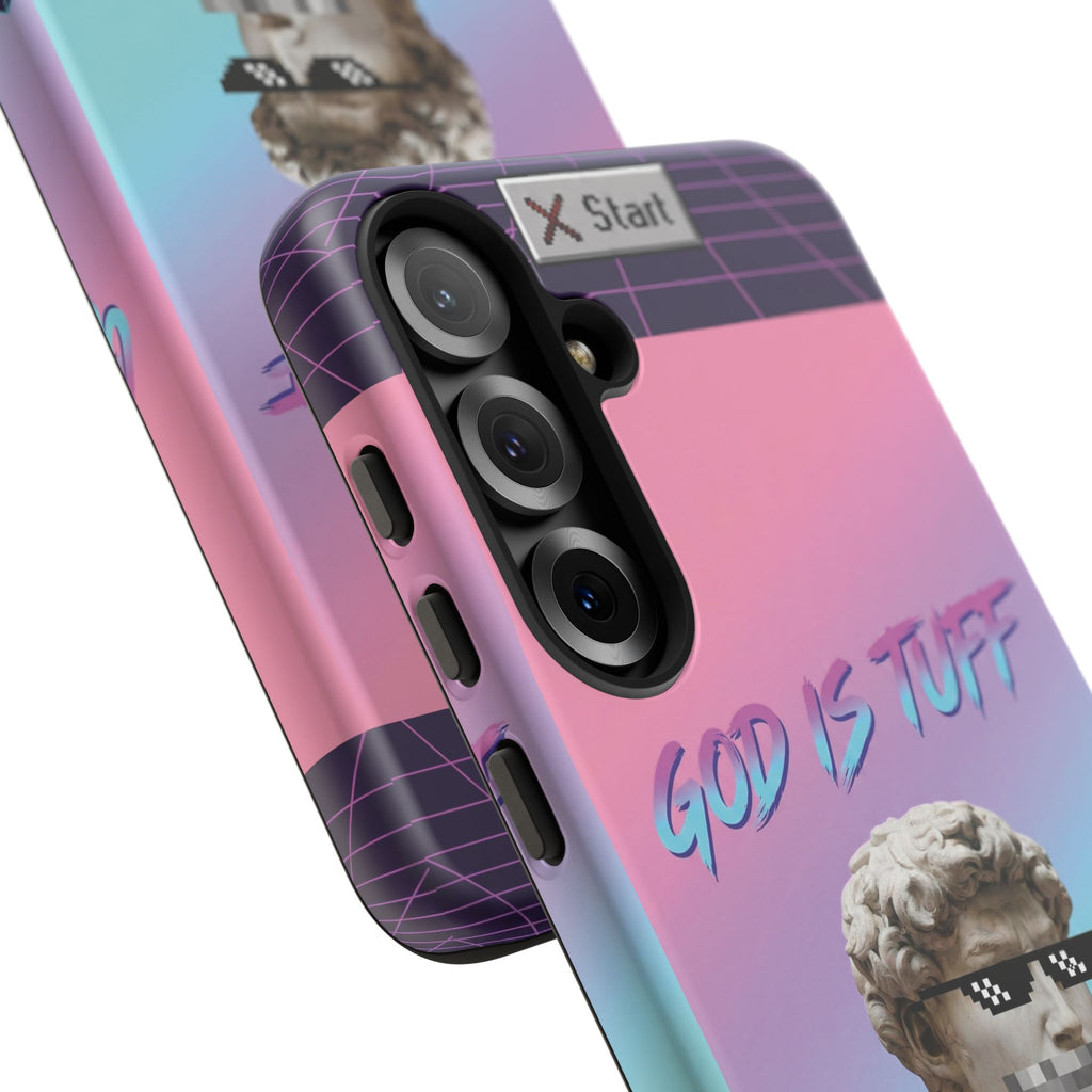 God is Tuff" Vaporwave Christian Phone Case | Aesthetic Statue with Pixel Shades, Retro 80s 90s Synthwave Grid, Gen Z Faith Gift