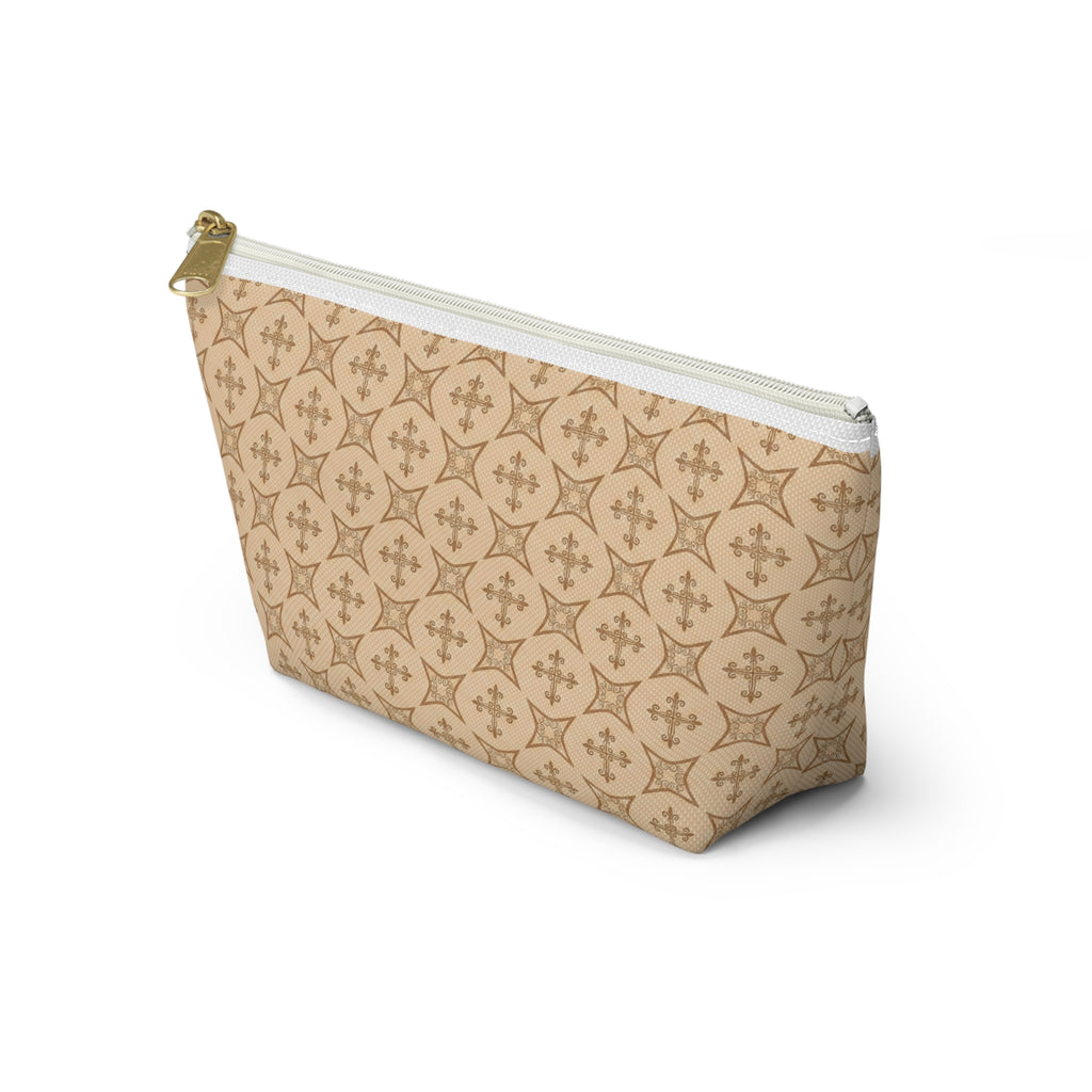 Nail Tech Makeup Bag for Press On Nails, Neutral Cross Pattern Cosmetic Pouch, Christian Travel Toiletry Bag, Faith Gift for Her