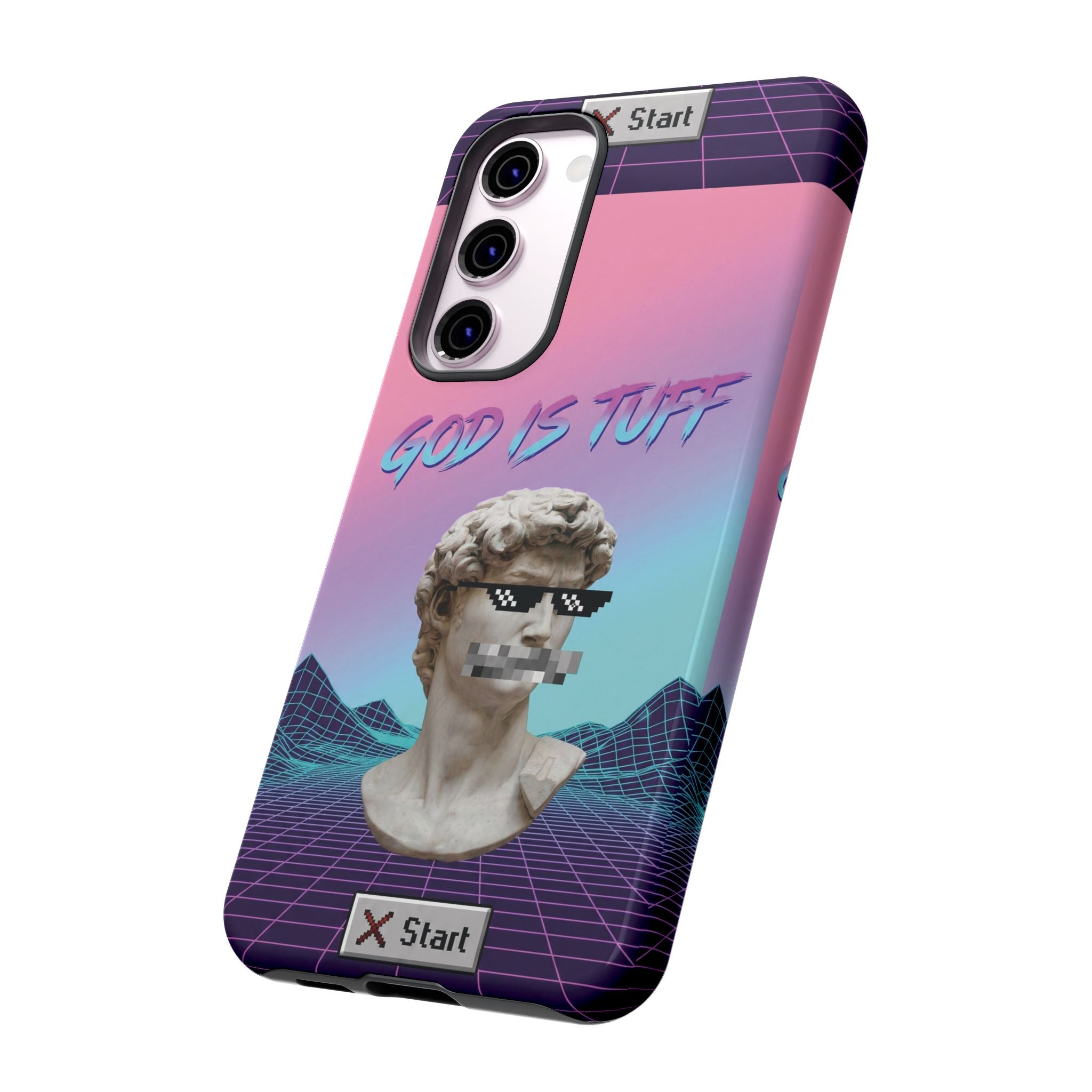 God is Tuff" Vaporwave Christian Phone Case | Aesthetic Statue with Pixel Shades, Retro 80s 90s Synthwave Grid, Gen Z Faith Gift