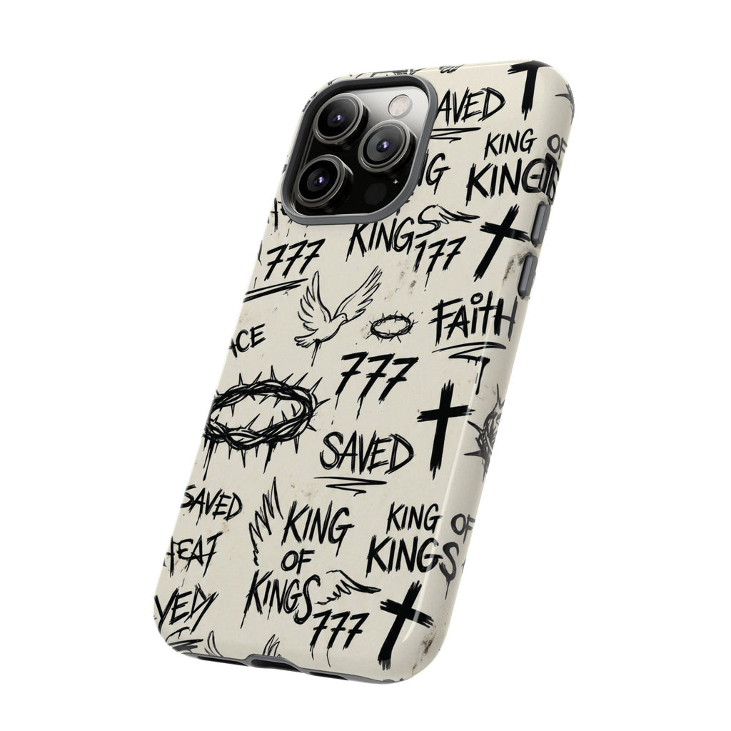 Christian Graffiti Phone Case | "Saved" & "King of Kings" Doodle Art, Urban Streetwear Faith Cover, Modern Religious Sketch Design