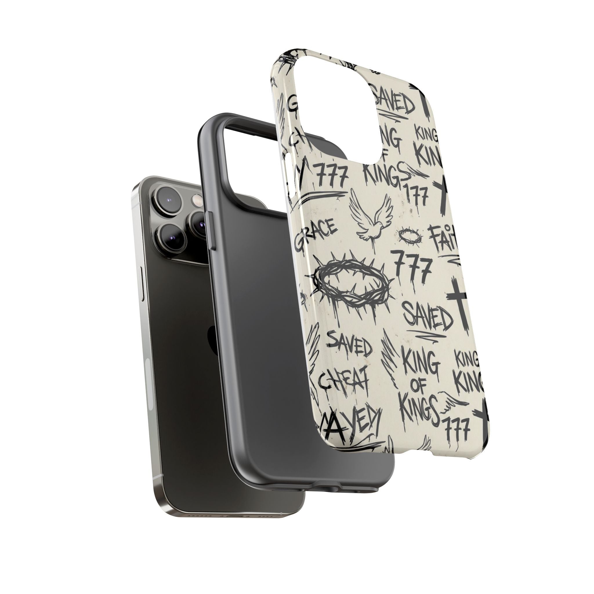 Christian Graffiti Phone Case | "Saved" & "King of Kings" Doodle Art, Urban Streetwear Faith Cover, Modern Religious Sketch Design
