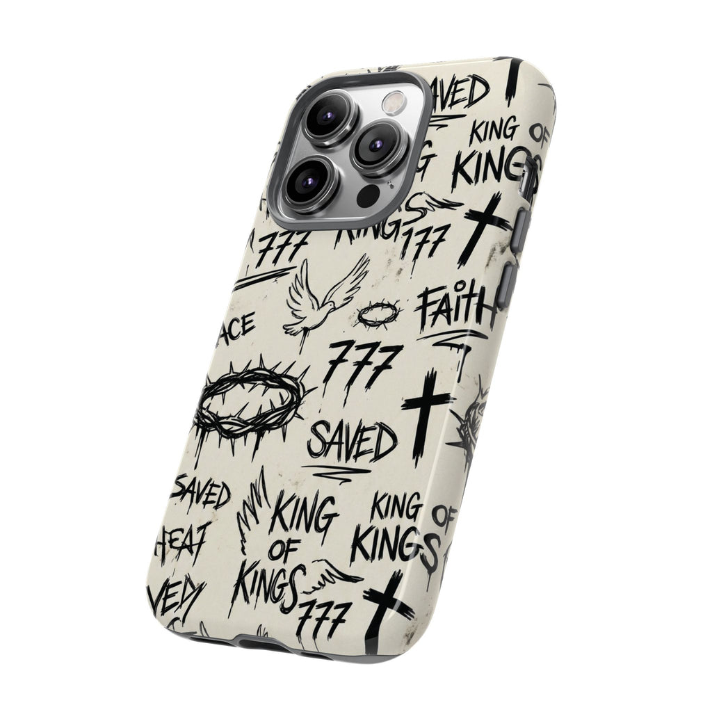 Christian Graffiti Phone Case | "Saved" & "King of Kings" Doodle Art, Urban Streetwear Faith Cover, Modern Religious Sketch Design
