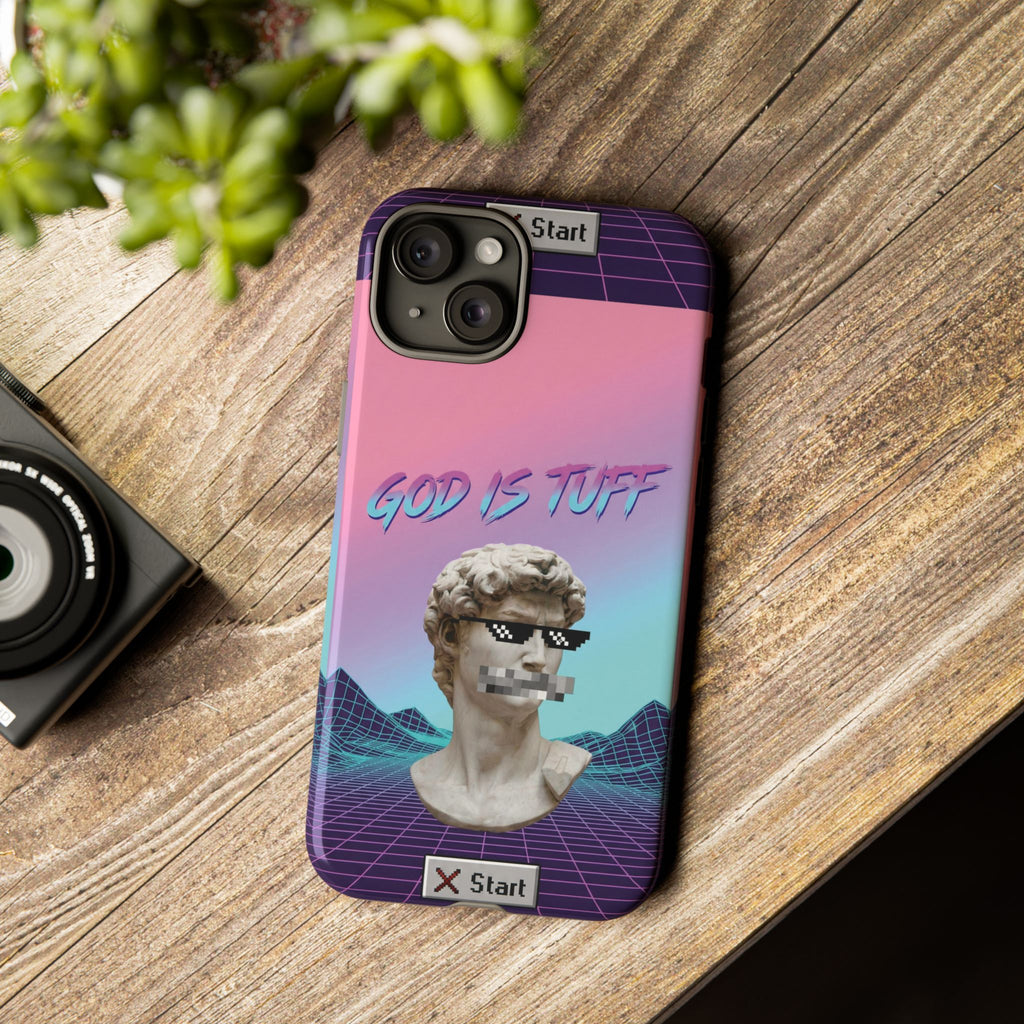 God is Tuff" Vaporwave Christian Phone Case | Aesthetic Statue with Pixel Shades, Retro 80s 90s Synthwave Grid, Gen Z Faith Gift
