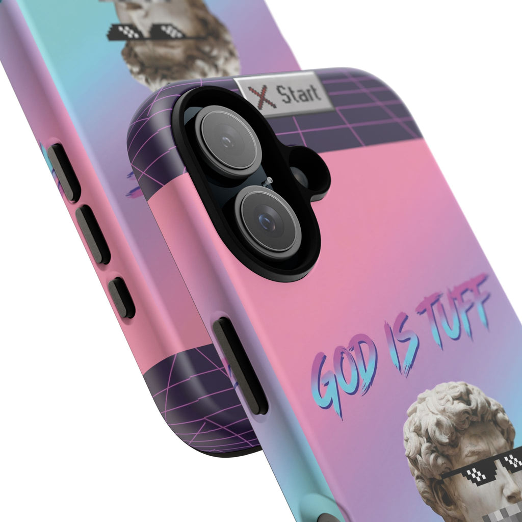 God is Tuff" Vaporwave Christian Phone Case | Aesthetic Statue with Pixel Shades, Retro 80s 90s Synthwave Grid, Gen Z Faith Gift