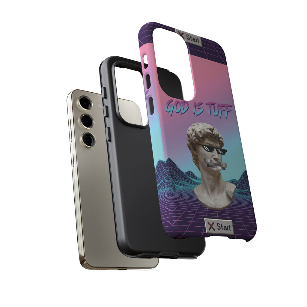 God is Tuff" Vaporwave Christian Phone Case | Aesthetic Statue with Pixel Shades, Retro 80s 90s Synthwave Grid, Gen Z Faith Gift