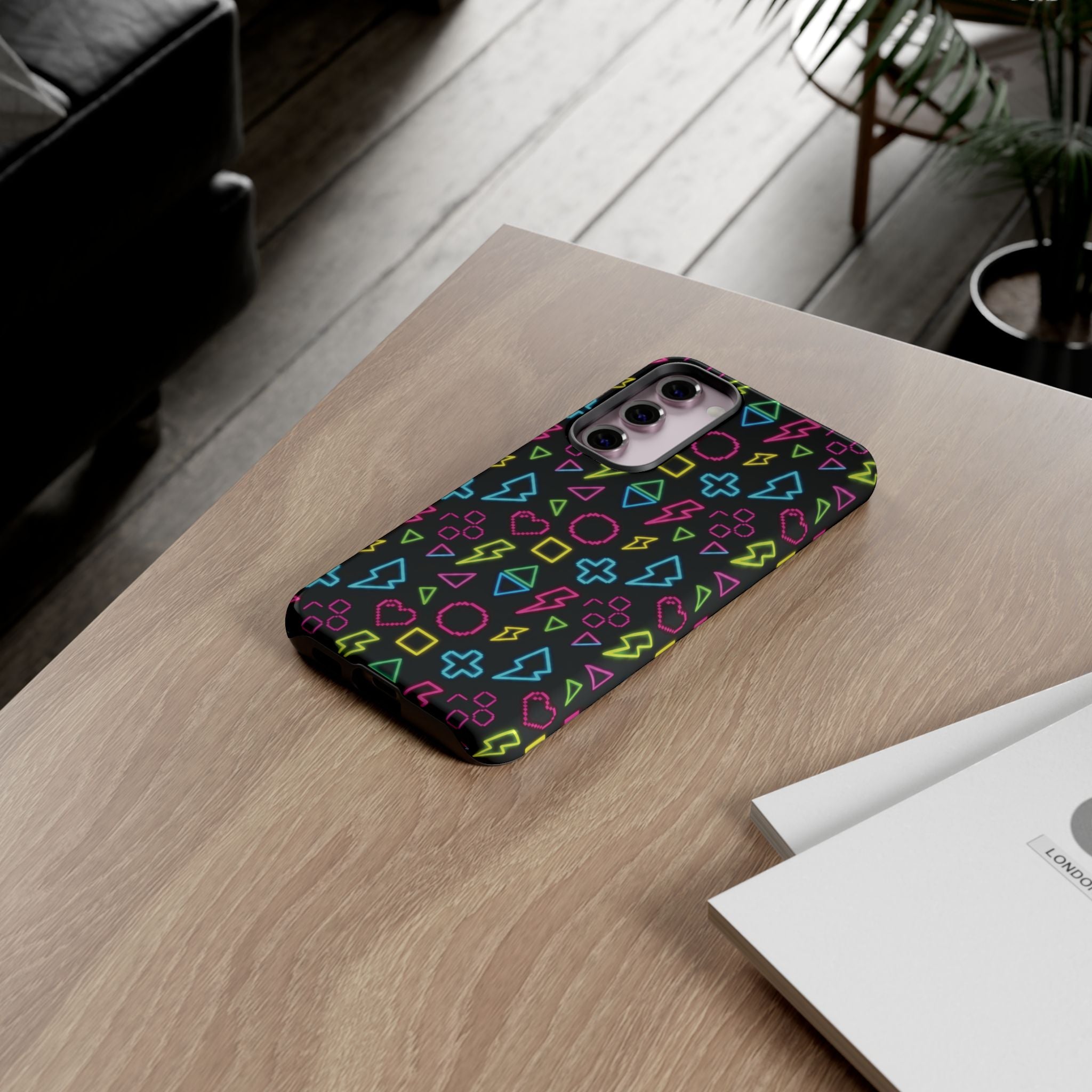 Electric Savior" Retro 90s Christian Phone Case | Neon Synthwave Pixel Art, Lightning Cross & Geometric Design, Bold Faith Gift