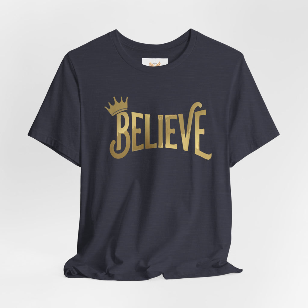 Believe Crown Christian Shirt with hand lettered BELIEVE and a small crown. A soft unisex jersey tee that keeps faith simple, modern, and wearable. Perfect as an encouragement gift or an everyday reminder to keep trusting God.