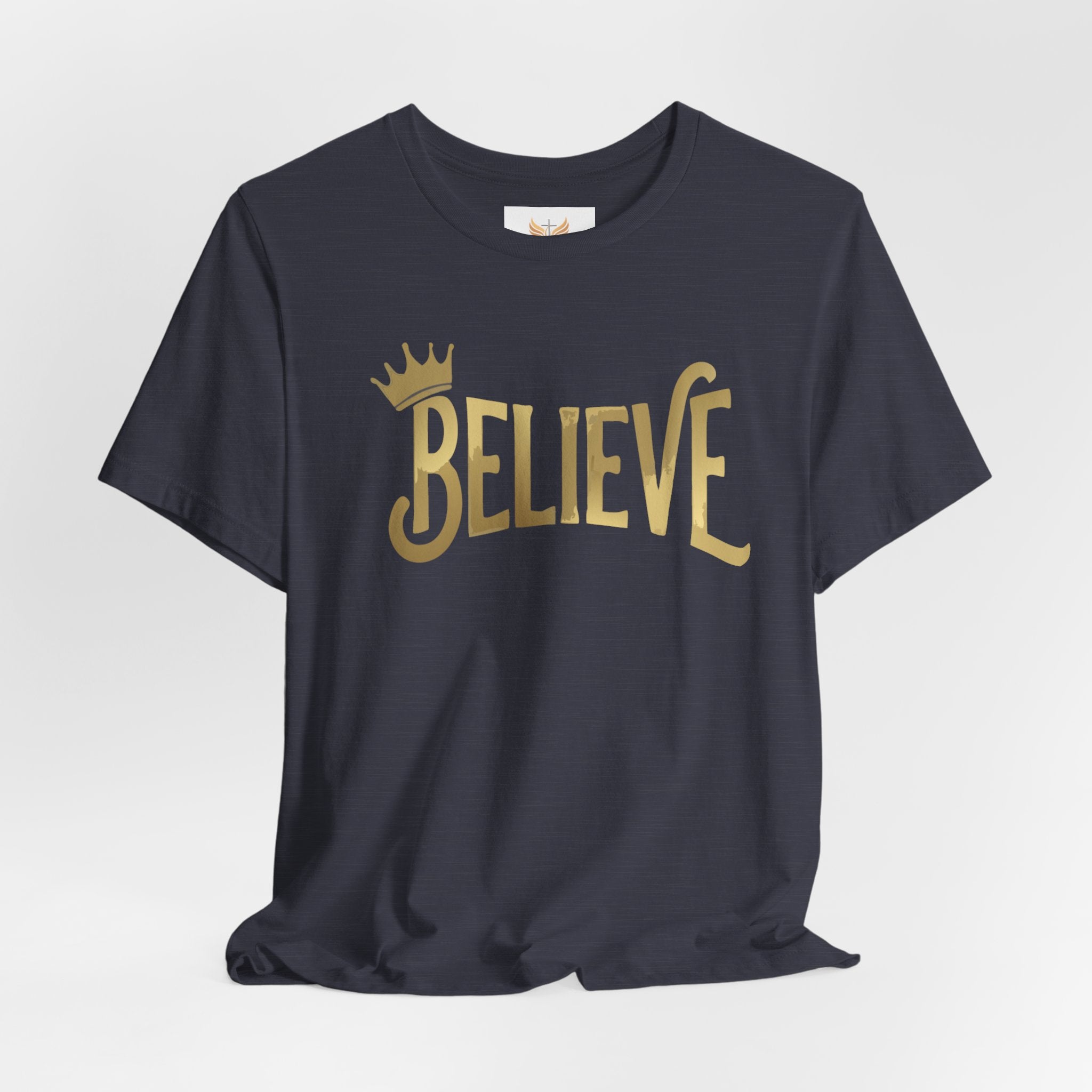 Believe Crown Christian Shirt with hand lettered BELIEVE and a small crown. A soft unisex jersey tee that keeps faith simple, modern, and wearable. Perfect as an encouragement gift or an everyday reminder to keep trusting God.