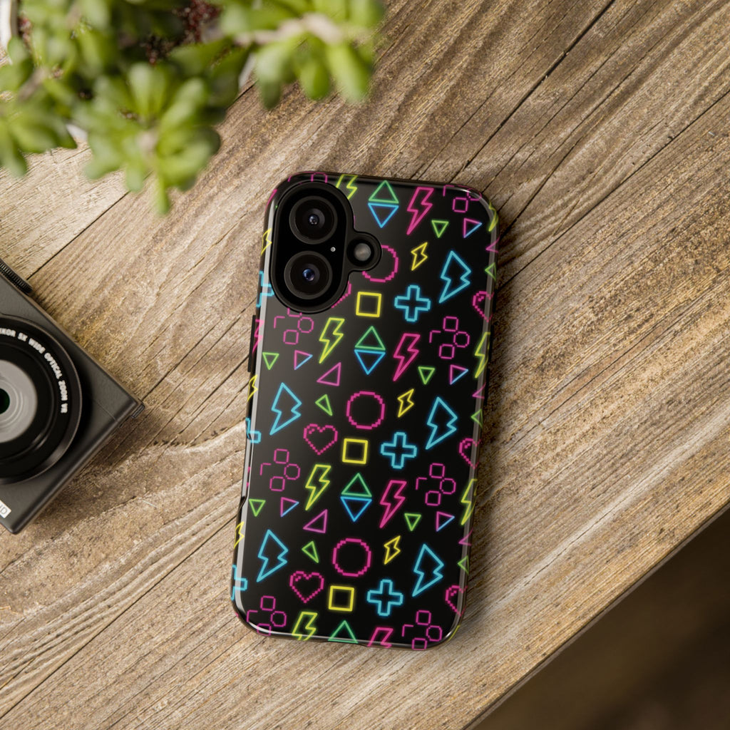 Electric Savior" Retro 90s Christian Phone Case | Neon Synthwave Pixel Art, Lightning Cross & Geometric Design, Bold Faith Gift