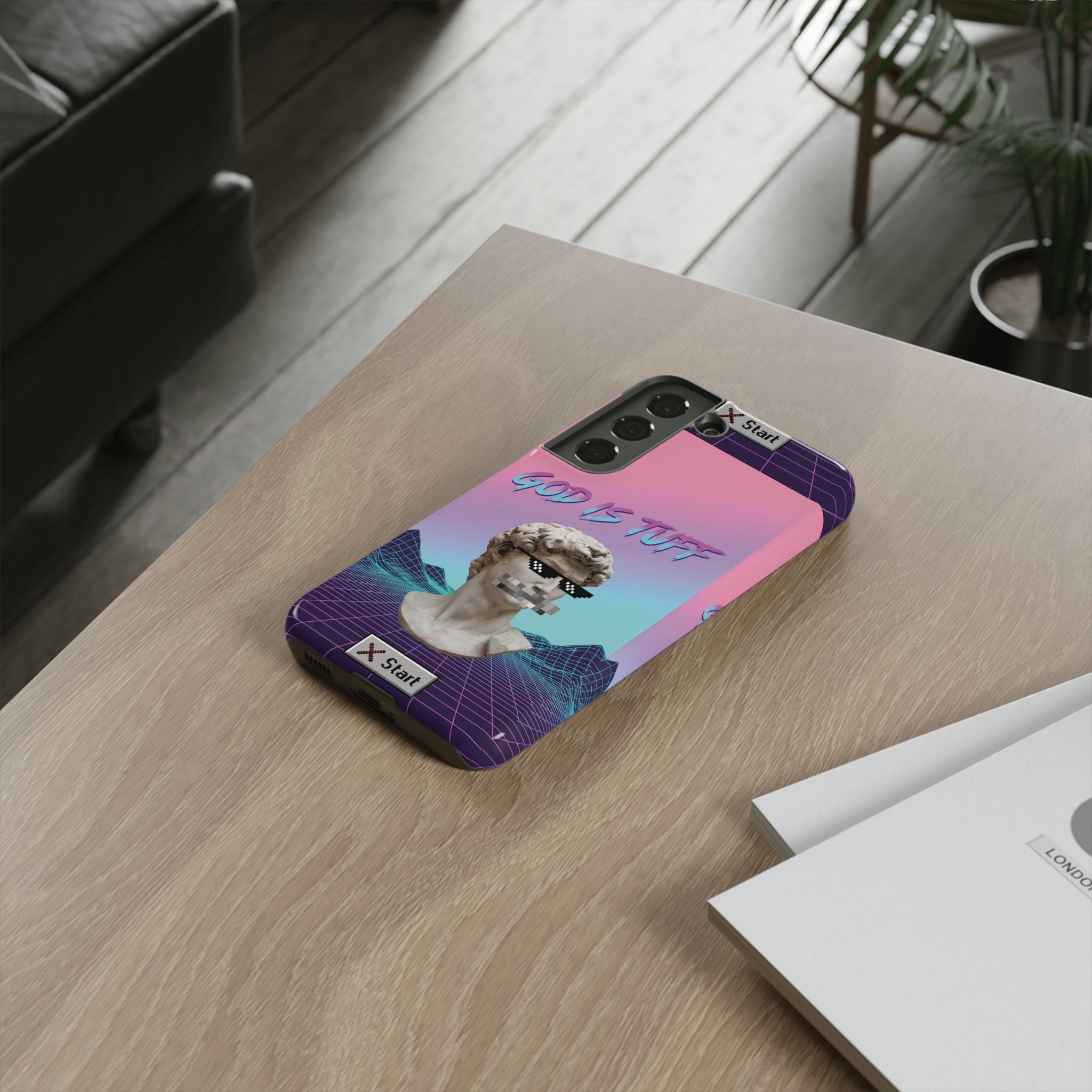 God is Tuff" Vaporwave Christian Phone Case | Aesthetic Statue with Pixel Shades, Retro 80s 90s Synthwave Grid, Gen Z Faith Gift