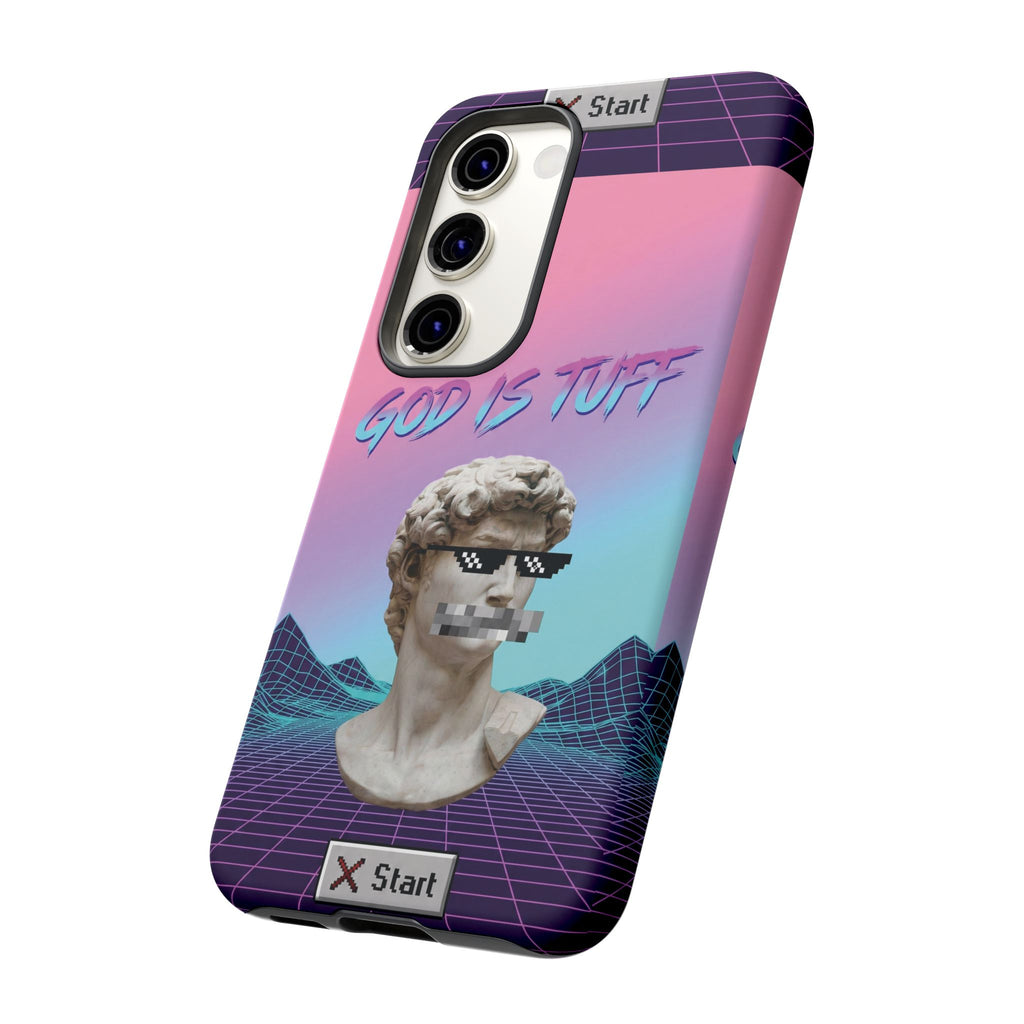 God is Tuff" Vaporwave Christian Phone Case | Aesthetic Statue with Pixel Shades, Retro 80s 90s Synthwave Grid, Gen Z Faith Gift