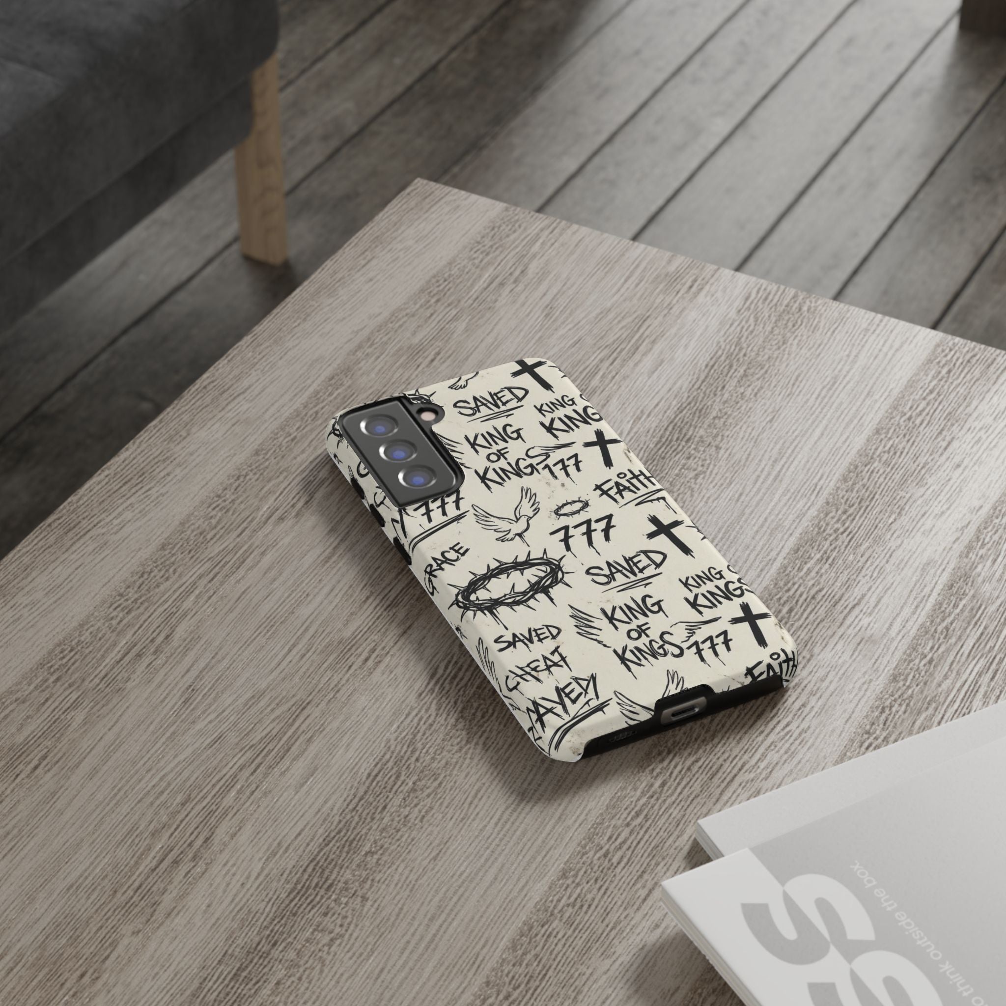 Christian Graffiti Phone Case | "Saved" & "King of Kings" Doodle Art, Urban Streetwear Faith Cover, Modern Religious Sketch Design
