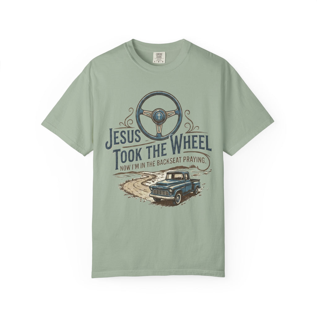 Jesus Took the Wheel steering wheel and vintage truck T-shirt | Christian faith shirt