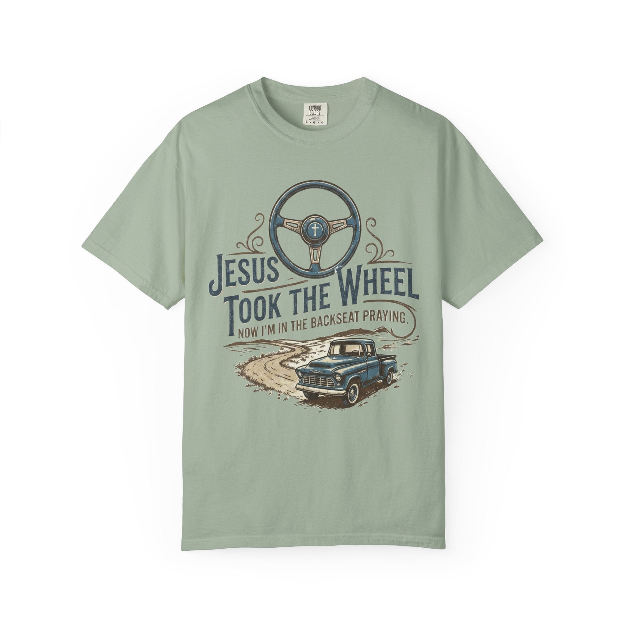 Jesus Took the Wheel steering wheel and vintage truck T-shirt | Christian faith shirt
