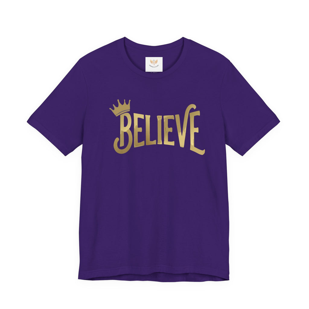 Believe Crown Christian Shirt with hand lettered BELIEVE and a small crown. A soft unisex jersey tee that keeps faith simple, modern, and wearable. Perfect as an encouragement gift or an everyday reminder to keep trusting God.