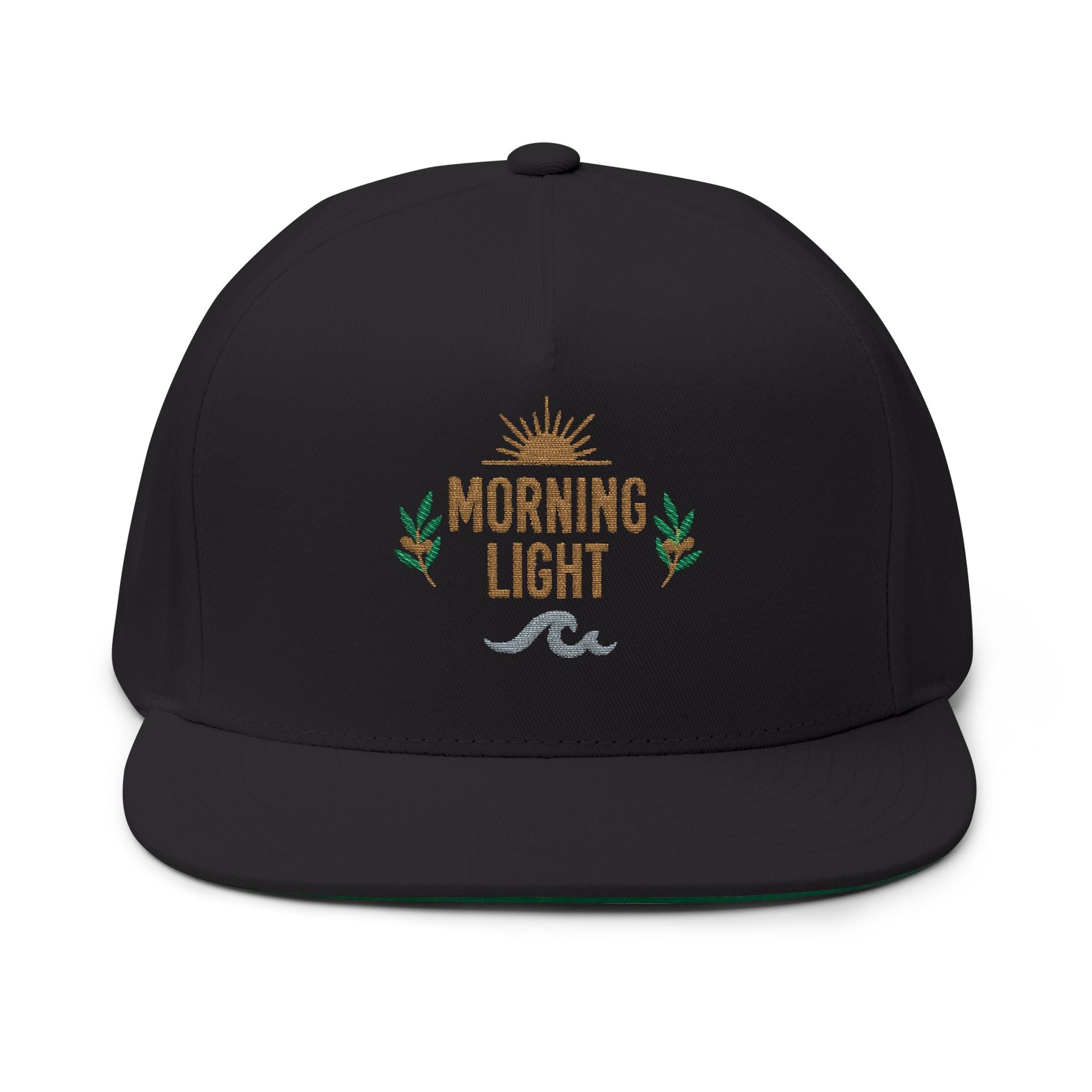 Morning Light embroidered flat bill cap | sun, laurel, wave design