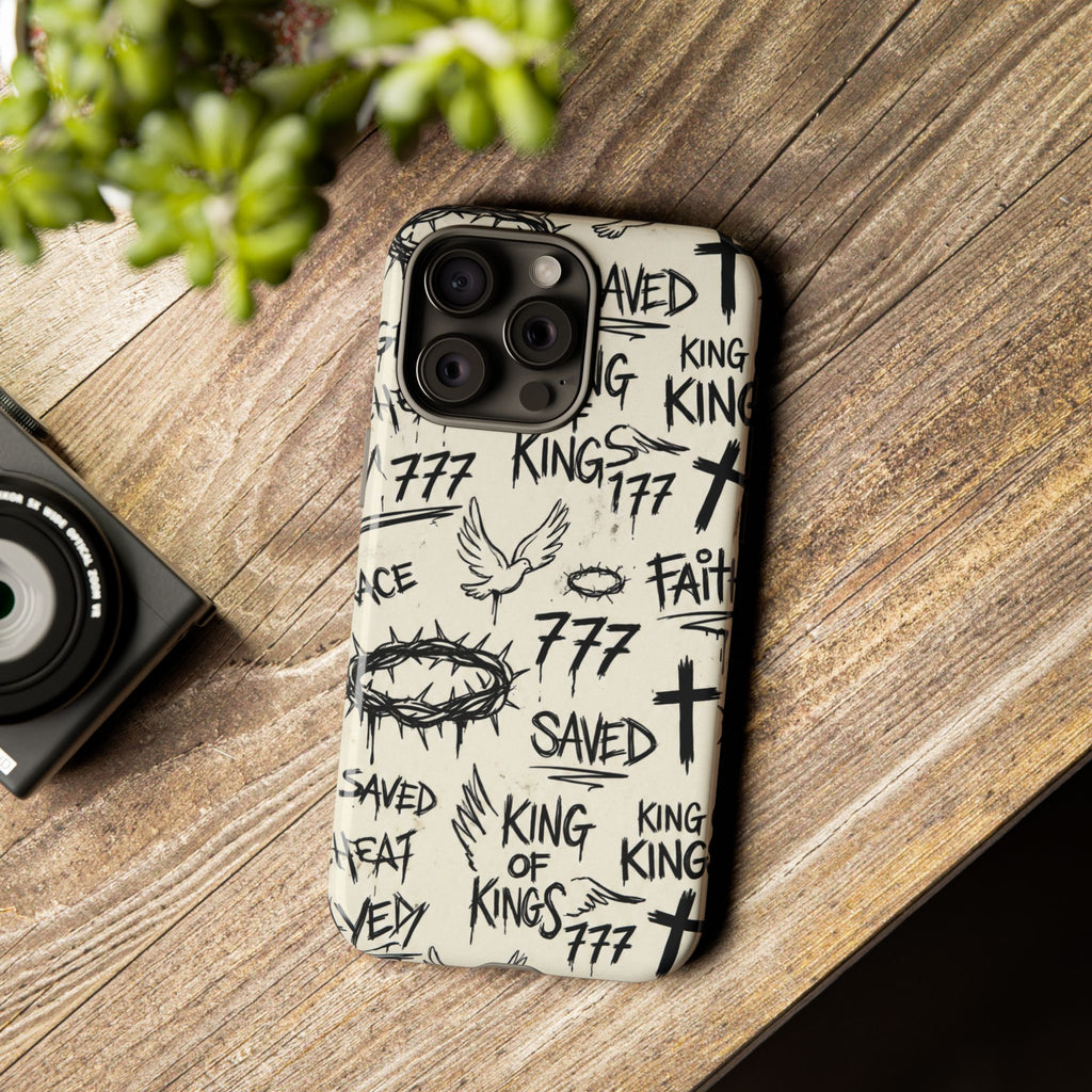 Christian Graffiti Phone Case | "Saved" & "King of Kings" Doodle Art, Urban Streetwear Faith Cover, Modern Religious Sketch Design
