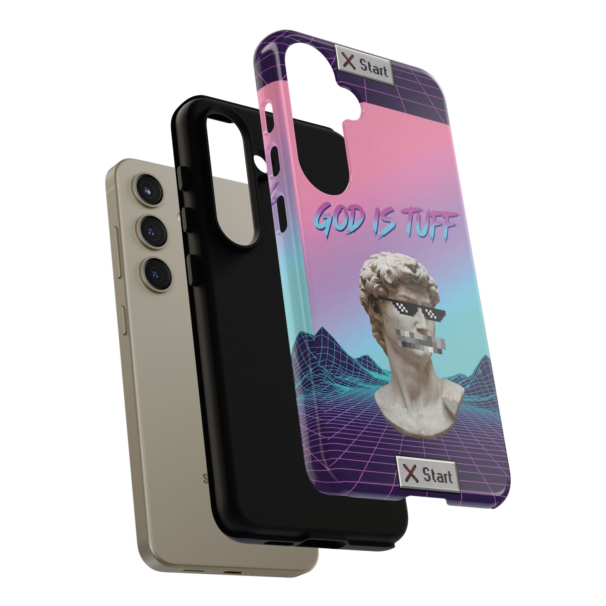 God is Tuff" Vaporwave Christian Phone Case | Aesthetic Statue with Pixel Shades, Retro 80s 90s Synthwave Grid, Gen Z Faith Gift