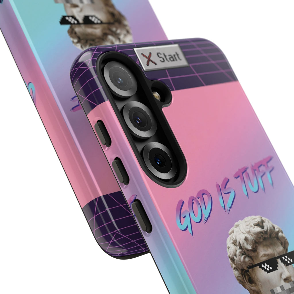 God is Tuff" Vaporwave Christian Phone Case | Aesthetic Statue with Pixel Shades, Retro 80s 90s Synthwave Grid, Gen Z Faith Gift