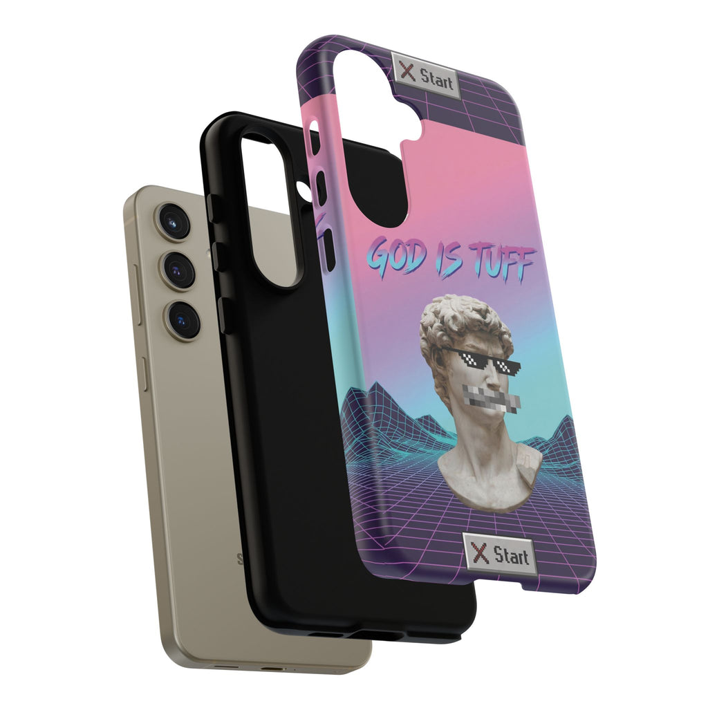 God is Tuff" Vaporwave Christian Phone Case | Aesthetic Statue with Pixel Shades, Retro 80s 90s Synthwave Grid, Gen Z Faith Gift