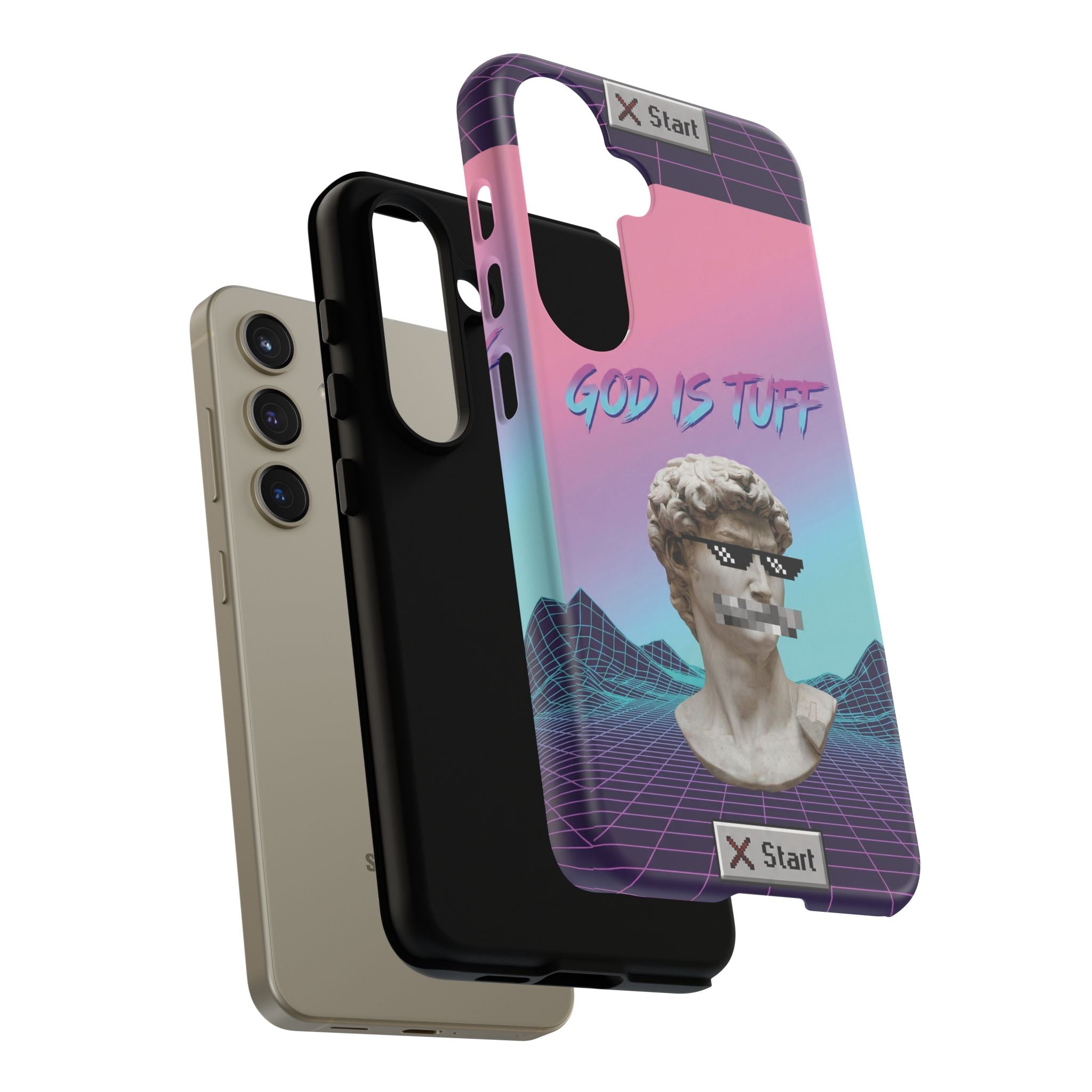 God is Tuff" Vaporwave Christian Phone Case | Aesthetic Statue with Pixel Shades, Retro 80s 90s Synthwave Grid, Gen Z Faith Gift